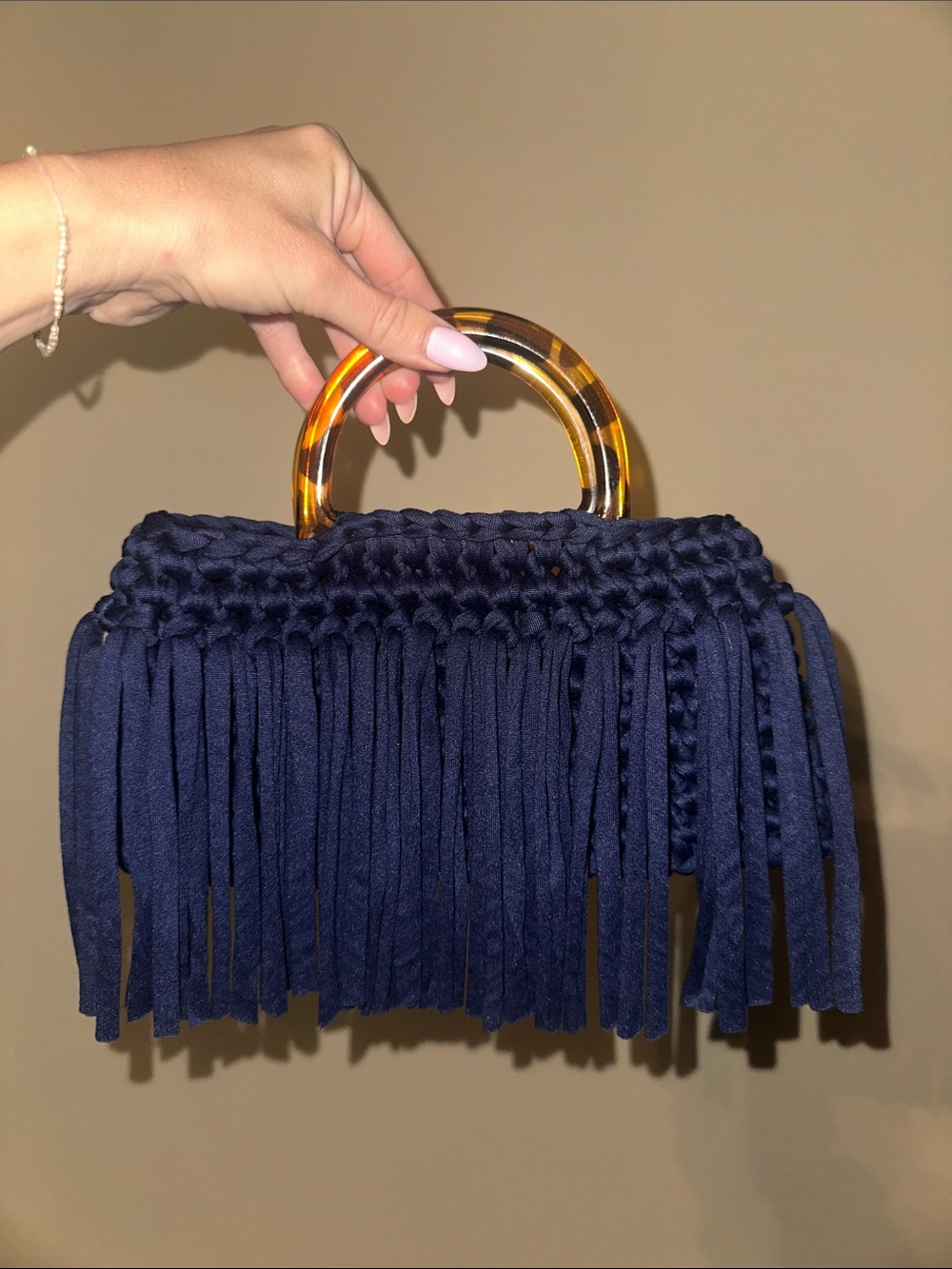 Handwoven Fringe Top-Handle Bag in Navy with Tortoiseshell Handle